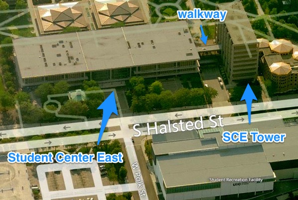 Aerial view of Student Center East and SCE Tower